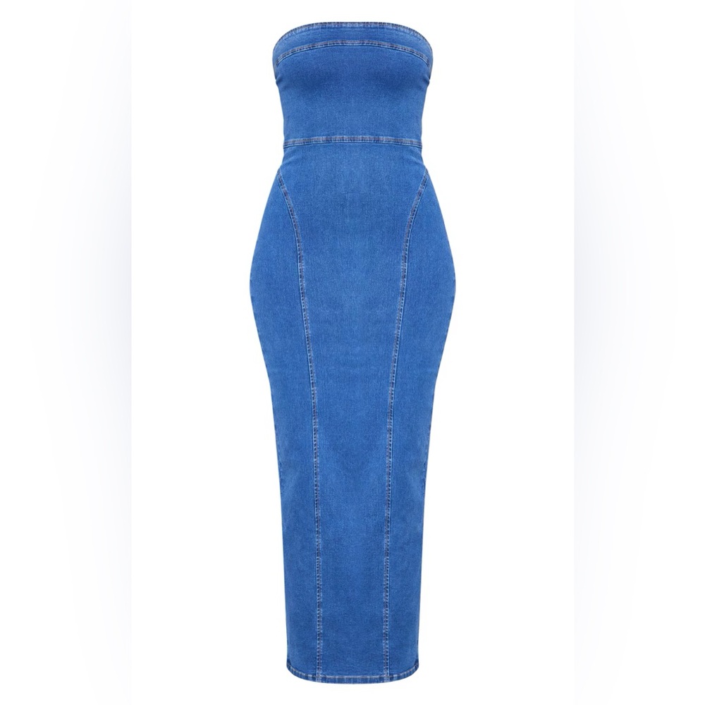 PrettyLittleThing Tall Bandeau Stretch Denim Midaxi Dress